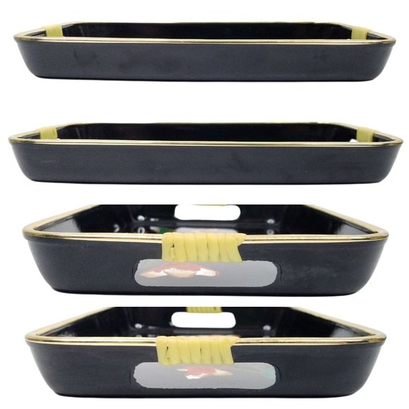 Vintage Serving Trays Wrapped Handles Iris Barware Lacquer Black Gold Japan - Picture 6 of 12